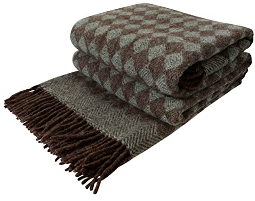 LYHome 100% LambsWool Blanket - Large Throw, Sofa & Bed Bedspread, Single Double Throws, Soft Warm Blankets for Winter Travel Picnic & Camping 55x79 in, 140x200 cm Green - Brown Scandinavian Rhombus