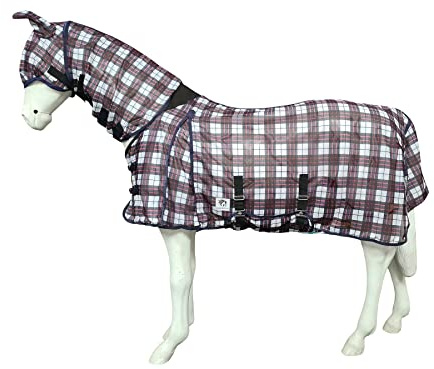 Patterned Combo Turnout Fly Rug - Horse Blanket with Full Fixed Neck and Matching Fly Mask - Heavyweight Riding Outdoor Protection Sheet for Pony and Cobs (5'9, Navy/White/Red Check)