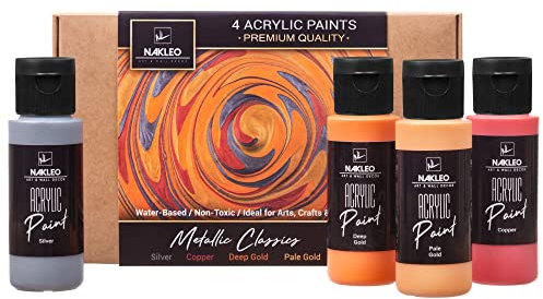 Nakleo Acrylfarben Set, 4 Farben (60 ml) Metallic Classics Silber Kupfer Gold, Ungiftig Wasserfest Matt, Künstlerbedarf für Kunst Handwerk DIY, Schablonen Wänd Glas Holz Keramik Stoffe Leder Papier