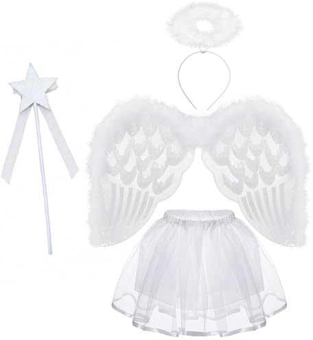 Hifot Costume da Angelo con Ali Tutu ed Aureola Bacchetta Magica Angel Fancy Dress Principessa per Bambina Halloween Carnevale Mardi Gras Cosplay Party