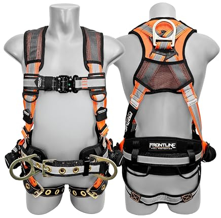 Frontline Fall Protection 100RCTB Combat™ Reflective Construction Full Body Harness with Tongue Buckle Legs and Trauma Straps,5 Points of Adjustability,Positioning Belt,OSHA & ANSI Compliant (Size: S)