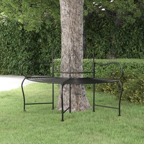 LAPOOH Trädbänk 150 cm svart stål, trädgårdsbänkar, sittbänk utomhus, parkbänk, trädgårdsbänk för utomhusbruk, utomhusdekoration väderbeständig 318823