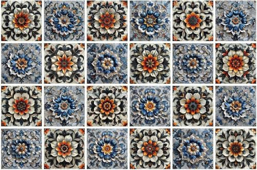 Tile Stickers 15X15 CM Blue and Yellow Flowers Kitchen Tile Stickers for Bathroom Stick on Wall Tiles Backsplash for Kitchen Stick on Tiles Self-Adhesive Vinyl Home Decoration-96pcs