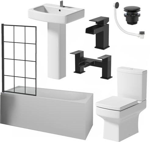 Affine® Complete Bathroom Suite 1700mm Single Ended Curved Bath 6mm Grid Screen Close Coupled Toilet WC Basin Full Pedestal Waterfall Taps Waste Set