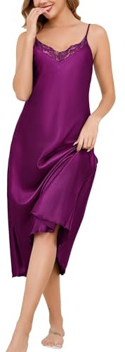 Vlazom Camisón Sexy Mujeres Camisón de Satén Largo Tirantes Ajustable Camisones Cuello en V Encaje Chemise Lencería Vestido(XL,Morado)