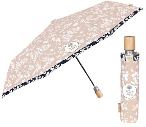PERLETTI GREEN Damen Taschenschirm Ökologisch Automatik - Kompakt Klein Schirm Natürlich Öko Eco Friendly - Umwelfreundlicher Regenschirm Sturmfest Mini aus Holz - Durchm 96 cm (Weiße Blume)