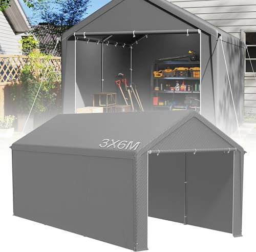 YRHome Lagerzelt 3x6 m mit PE-Dach Industriezelt PVC Wasserdichter Reißenresistenter Carport Garagenzelt für Auto, SUV, LKW, Boot&Mobile Lagerung-Grau