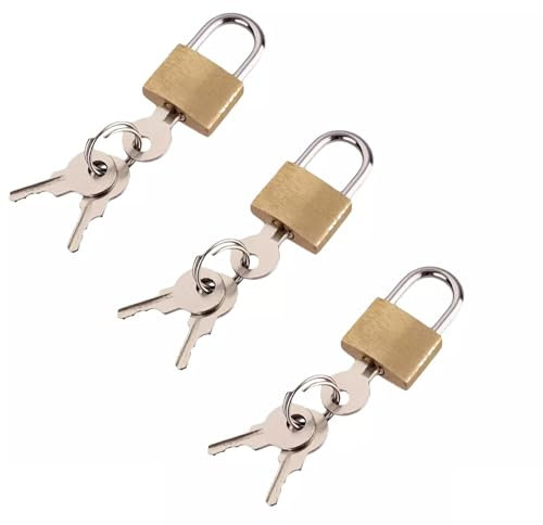 3 x 20mm Small Padlocks with Keys - Solid Brass | Small Gym Locker Padlocks, Travel Luggage Padlock, Lock for Jewellery Box, Cupboards, Tool Box, Suitcases - Mini Indoor Outdoor Locks (9 Keys)