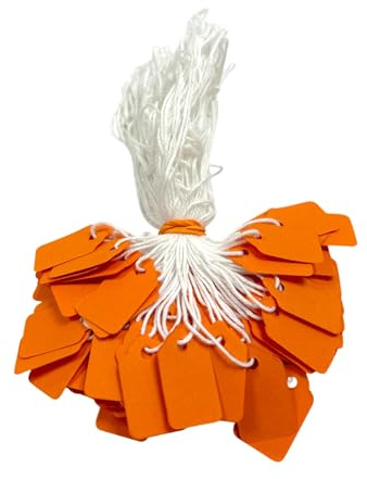 Pack of 200 Small Orange Strung Tags Price Tickets 13 x 20mm - Retail Pricing Labels with String for Jewellery, Gifts, Clothing, Craft Items, Stock Control & Product Labelling
