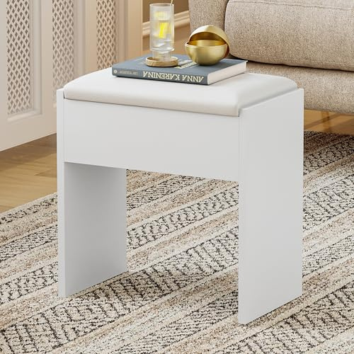Luxstein Taburete de Tocador, Taburete de Maquillaje de Madera, Banco Acolchado, Taburete de Maquillaje para Vestidor, Dormitorio, Pasillo y Salón, 40x23,5x43cm, Blanco