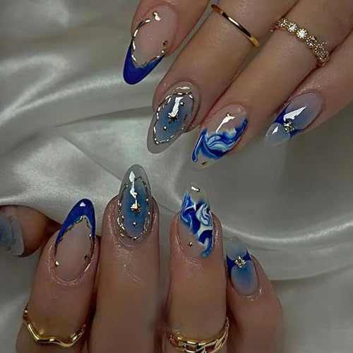 24Pcs Short False Nails French Tip - Almond Press on Nails - 12 Sizes Golden Stereoscopic Blue Smudge Pattern Stick on nails - Fake Nails with Glue - Almond Nail Tips Glue on Elegant for Women
