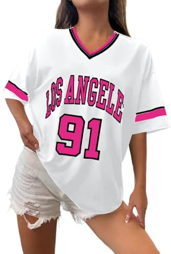 Los Angeles T-shirt de baseball surdimensionné Y2k pour femme - Avec bordure graphique à rayures - Chemise de loisirs - Col en V - Streetwear - Rayé - Graphique - T-shirt décontracté - T-shirt d'été
