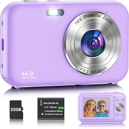 Appareil Photo Numérique avec Carte 32Go, 1080P 44MP Appareils Photo Compact avec 16X Digital Zoom et Batterie, Rechargeables Caméra pour Enfant,Adolescent, Adulte, Débutant (Violet)
