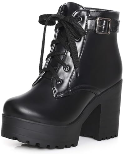 Wtharosa Bottines Style Combat à Plateforme Femme Talons Hauts Épais Lacets avec Boucle Bottes Courtes pour Tenue Quotidienne et Style Bureau Streetwear,Noir,36 EU