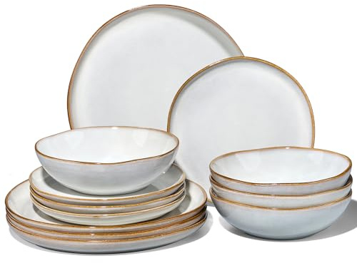 Joyfair Service de vaisselle, 12 pièces en grès, service de 4, assiettes et bols en grès réactifs de forme irrégulière, résistants aux éclats et aux rayures, adapté au micro-ondes et au lave-vaisselle