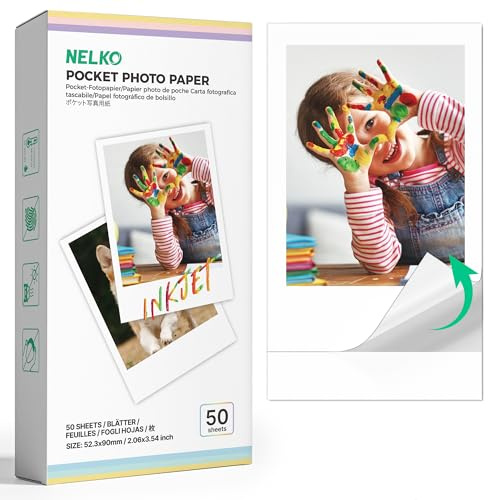 Papier Photo Nelko Premium 52.3x90mm (2.06x3.54), Pack de 50 Feuilles Autocollantes Compatible Imprimante Photo PP01, Facile à Décoller, Blanc