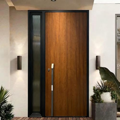 Puerta delantera moderna de aluminio con acabado de grano de madera, puerta de entrada contemporánea con panel lateral, puerta exterior de marco negro con manija