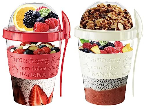 vingardium leviosa Yogurt Pots Reusable 20 Oz Overnight Oats Container with Lid & Spoon BPA free Breakfast Pots to GO Cereal On the Go Dishwasher Safe Lunch Oatmeal Jars (Set of 2 (Red, Cream))