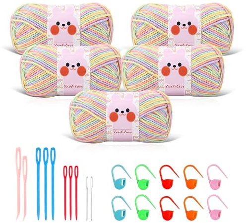 Maxee Handstrickgarn, 500g(5x100g) Häkelgarn, 6 Stränge Bunt Farbverlauf Acrylgarn zum Stricken, Weicher Wolle zum Häkeln, Mehrfarbiges Garn zum Stricken Häkeln und Basteln