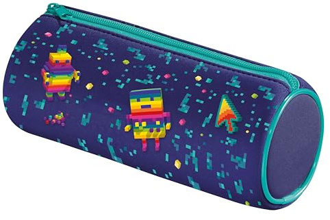 Maped - Trousse Ronde Pixel Party - Trousse Scolaire en Néoprène, Tissu Doux Anti-Déchirures - Trousse Bleu