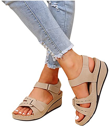 KUIH Women's Beige Graduation Arch Support Wedge Sandals Size 3 UK Ankle Strap Floral Casual Open Toe Wedge Heel