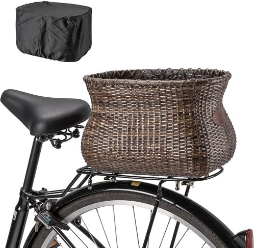 Bike Basket Rear, Handmade Rattan Bicycle Baskets with Waterproof Cover, Cruiser Bike Baskets for Women’, Retro Style Bike Baskets for Adult Bikes and Ebike