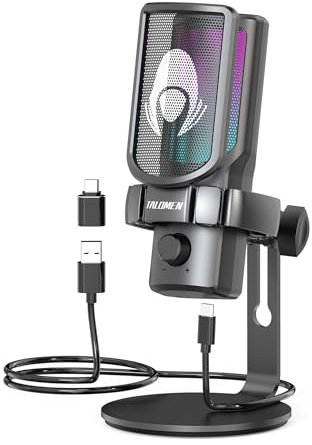 Gaming USB Microphone for PC, Podcast Condenser Mic with RGB Lights, Mute, Gain Knob, Computer Desktop Mic with Metal Stand, Pop Filter, Shock Mount for Streaming, Recording, Chat, PS4, PS5