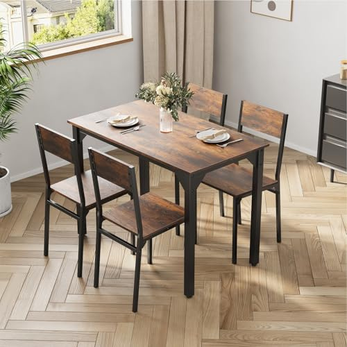 Warmiehomy Dining Table and Chairs Set 4, Kitchen Table with 4 Chairs Modern Rectangular Metal Frame & MDF Board Dining Furniture Set for Dining Room, Living Room,Brown,105x60x76CM