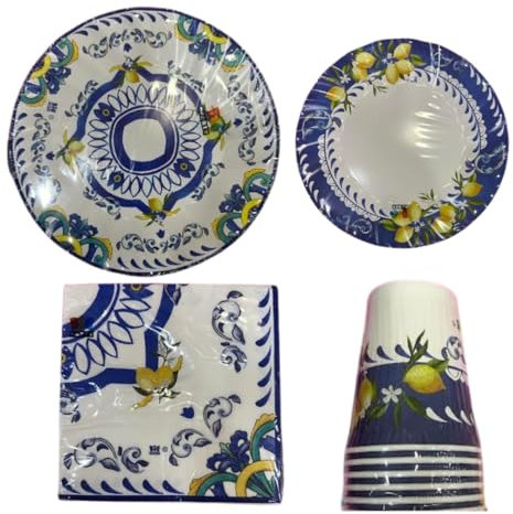 Kit Festa Coordinato Amalfi Blu Limoni Piatti Grandi e Piccoli Tovaglioli Bicchieri (6 piatti 25cm decorativi, 6 piatti 18cm,16 tovaglioli33x33, 6 bicchieri 250cc