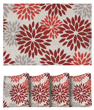Artoid Mode Juego de 4 manteles individuales de PVC con diseño de flores, color rojo, 30 x 45 cm, resistentes a la suciedad, resistentes al calor, decoración de cocina