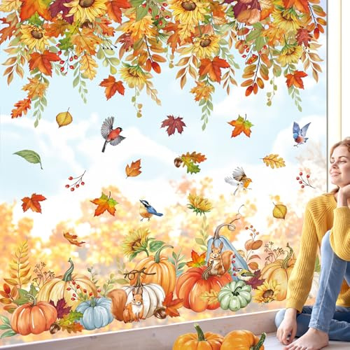 wondever Fall Sunflower Window Clings Decals Thanksgiving Glass Sticker | Autumn Vinyl Static Cling, Anti Collision, Double-Sided, Reusable Removable, Easy to Apply, for Window Glass Door Home