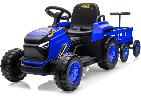 Zstar Tracteur électrique Enfant 12V avec remorque Amovible – Double Moteur, 6 Roues, phares LED, Musique, klaxon, télécommande 2.4G, 3 Vitesses, Ceinture de sécurité, Batterie puissante – Véhicule