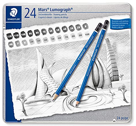 STAEDTLER Bleistift Set Mars Lumograph Zeichenbleistifte – Bruchfeste Bleistifte für Skizzen & Zeichnungen – 24 Härtegrade für künstlerisches Arbeiten (12B bis 10H)