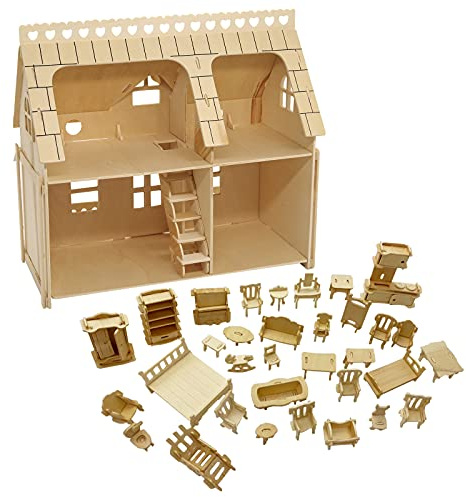 Wooden Dolls House, Miniature Doll House with 34 Pcs Furniture Set, DIY Dollhouse Accessories with Kitchen, Dining Room, Living Room, Bedroom, Bathroom for 14+ Teens Adults, Christmas Birthday Gift