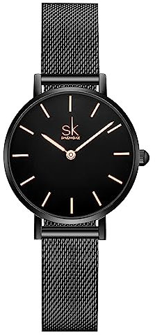 SK Ultradünne Minialistische Damenuhren Einfache Zwei Zeiger Damen Kleid Uhr Lederband (Black-Mesh)