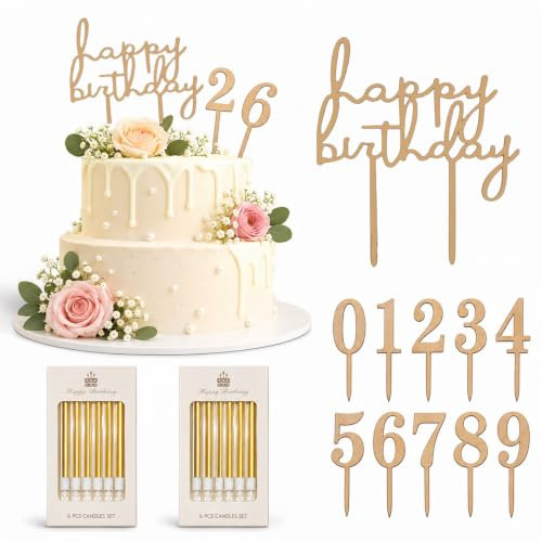 12Pcs Happy Birthday Wooden Cake Topper Numbers 0-9 with Candles | Personalised Cake Topper Set, Birthday Cake Decoration, Reusable Birthday Toppers for Cakes, Cake Decoration for Wedding