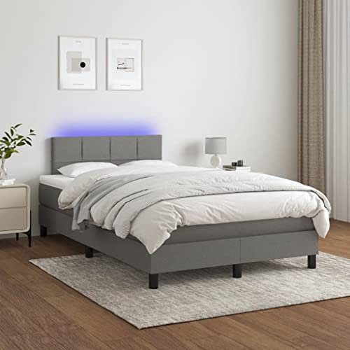 Willood Boxspringbett mit Matratze Bett Kopfteil LED, Einzelbett Bettgestell mit Lattenrost, Polsterbett Bettrahmen Dunkelgrau 120x200 cm Stoff Block mit Quadraten