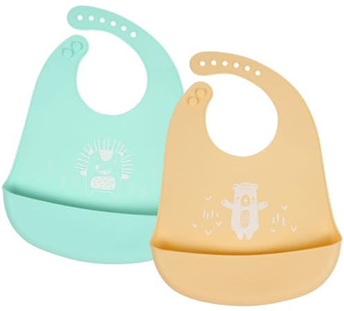 Vicloon Silicone Baby Bib, 2PCS Baby Weaning Bibs, Adjustable Waterproof Baby Feeding Bibs with Food Catcher Pocket, Unisex Soft and Easily Wipe Clean for Infant Toddler, Bear & Hedgehog