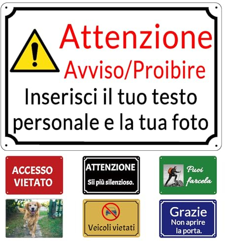 Targa Personalizzata in Alluminio, Cartello Personalizzato da Esterno, Insegna Metallica con Testo Personalizzabile, ATTENZIONE, 15 x 20 cm / 20 x 30 cm / 30 x 40 cm