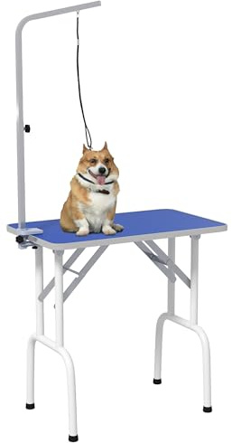 PawHut Mesa de Peluquería Canina Plegable, Mesa de Aseo con Encimera Antideslizante, Brazo de Acero Inoxidable Ajustable, para Perros, Gatos, 81x48,5x80 cm, Azul