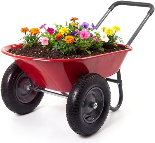 Brouette de Jardin 2 Roues, Chariot Utilitaire Fer et Plastique, 124x66x62,5 cm, Rouge, pour Transport d’Outils et Matériaux Extérieurs