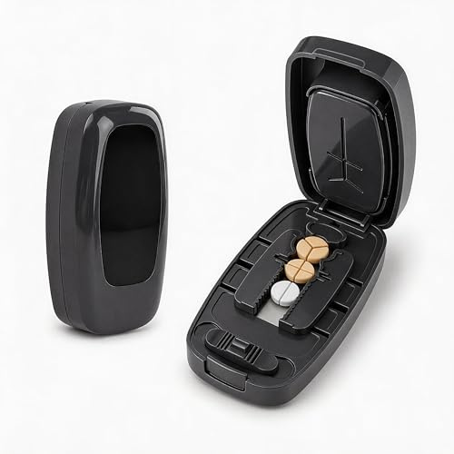 Taglia Pastiglie, Tagliapillole Precisione in 2 e 4, Dividi Pastiglie, Taglia Pillole di Precisione, con Vano Portaoggetti, Taglio Facile Adatto Quotidiano Viaggio(Nero)
