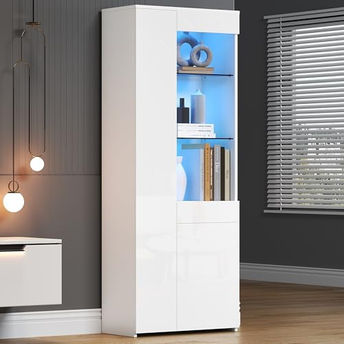 staronce Vitrine en verre à LED - Blanc brillant | Vitrine avec éclairage, application, tiroir, semi-ouverte, porte à rebond, 70 x 35 x 180 cm, 45 kg. Vitrine de collection