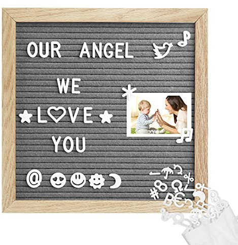 Grey Square Felt Letter Board 10x10 Inch with 350 White Plastic Letters - Easel, Drawstring Bag and Oak Peg Boards for Home Decoration