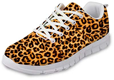 chaqlin Leopard Skin Print Ladies Casual Sneakers Lace-Up Women Breathable Trainers Round Toe Single Shoes Flat Sports Mesh Low top Running Shoes Size UK9=Eur41