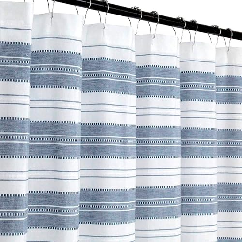 Serafina Home Nautical Striped Blue and White Fabric Shower Curtain: Chambray Cotton Luxury Hotel Detailed Eyelet Decorative Weave for Bathroom 72 x 72 (Denim Navy)
