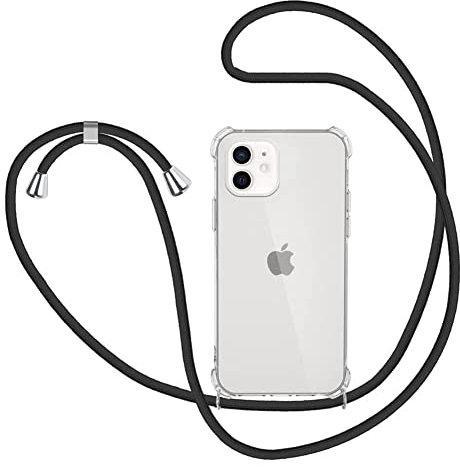 XTCASE Hülle für iPhone 12/12 Pro (6.1) mit Band Transparent Handyhülle Stossfest Schutzhülle - Schnur mit Case zum Umhängen in Schwarz