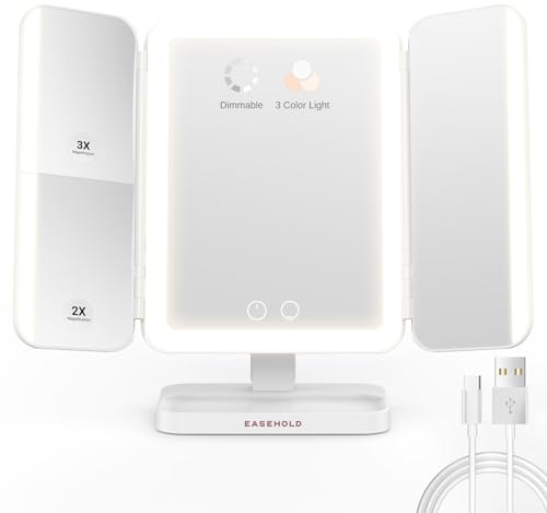 EASEHOLD Makeup Mirror with Lights, Rechargable Lighted Vanity Mirror with 116 LEDs, 1X/2X/3X Magnifying, 3-Color Mirror with LED Lights,5000 mAh Lighted Makeup Mirror, Adjustable Brightness/Angle