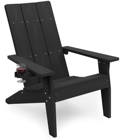 MXIMU Modern Adirondack-stol väderbeständig med mugghållare överdimensionerad eldkorg i plast Adorondic plast utomhusstolar för eldstadssäten (svart)