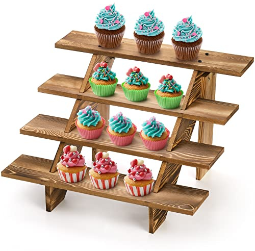 Hacaroa 4 Tier Wood Cupcake Stand, Rustic Retail Stair Shelf Cascading Display Riser, Decorative Farmhouse Dessert Stand for Tabletop, Vendors, Retail Stores